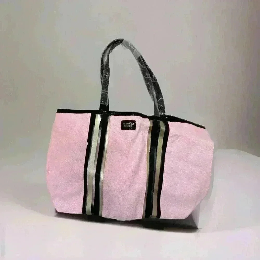 Victoria Secret TRAVEL Glass Stripe City Tote Bag BEACH Wristlet Pink Black Ltd - Picture 1 of 5
